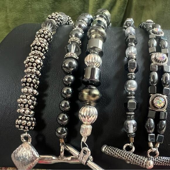 Hematite, Black and Silver Beaded Bracelet 5 piece Stack Set - Picture 2 of 5